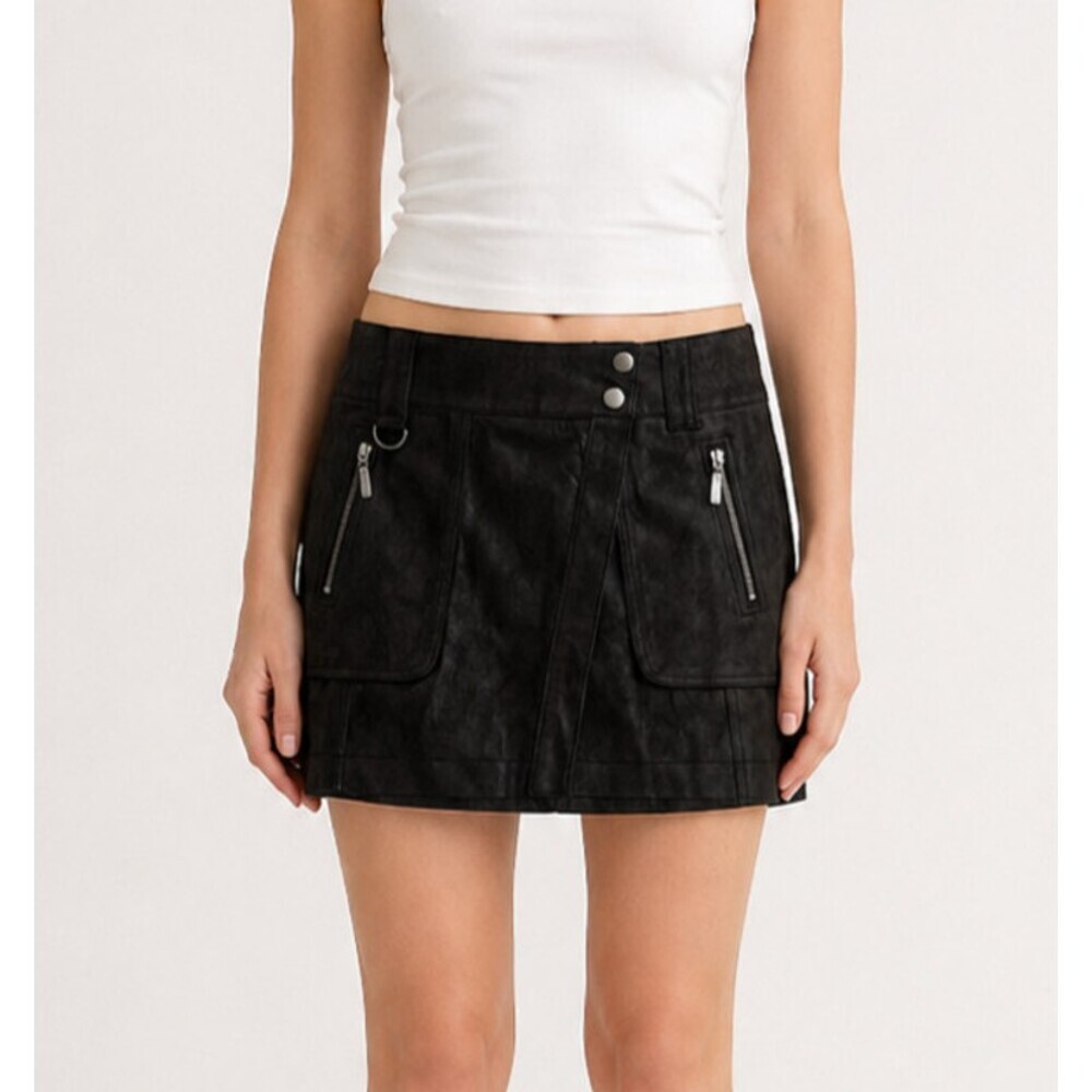 Free People Carson Utility Wrap Mini Skirt Charcoal Vegan Leather NWT - 2